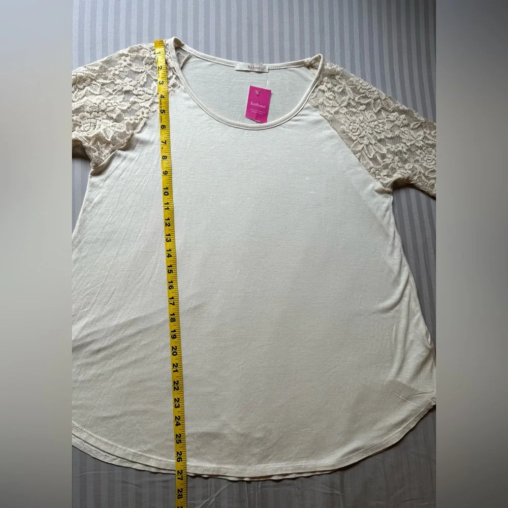 Böhme•lace shoulder crew neck top•size large•3/4 bell sleeve•rayon•ivory/cream - Picture 7 of 13